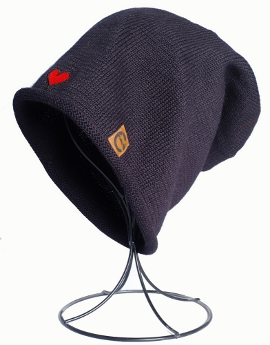 earthdog Black hemp and cotton knit beanie, rolled edge with heart patch