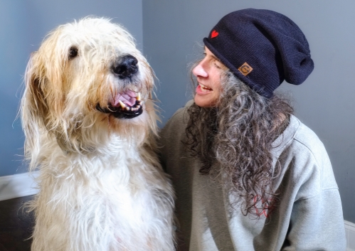 earthdog Black hemp and cotton knit beanie, rolled edge modeled